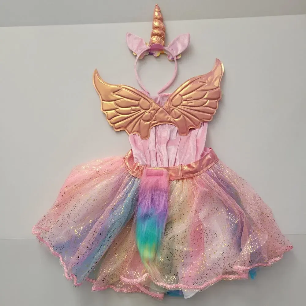 Toddler Winged Unicorn Costume Rosy Unicorn Glitter Dress up 6T Rainbow Tail